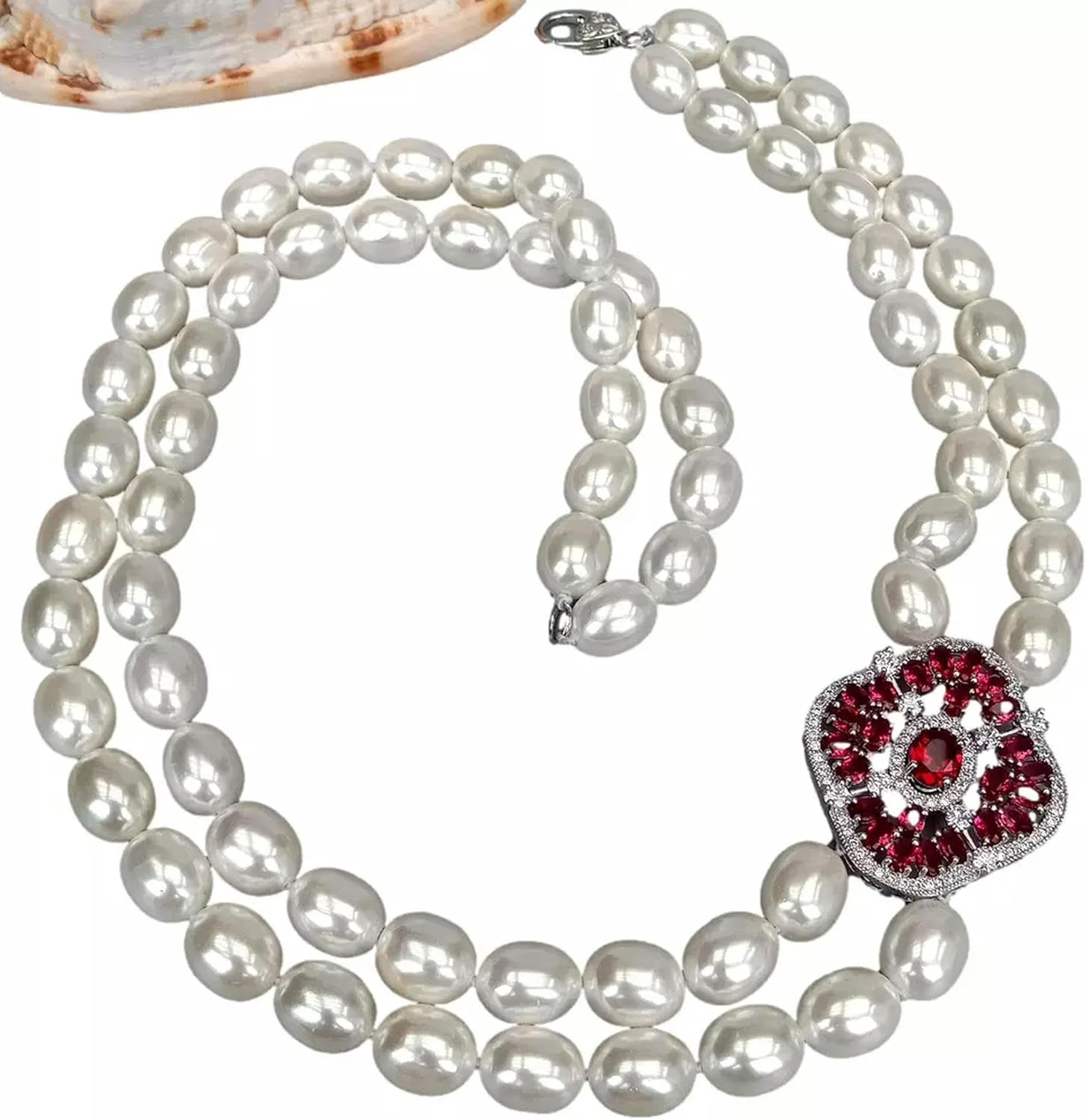 24"-26" 2 Strands White Sea Shell Pearl Cz Pave Pendant Necklace Lady Jewelry