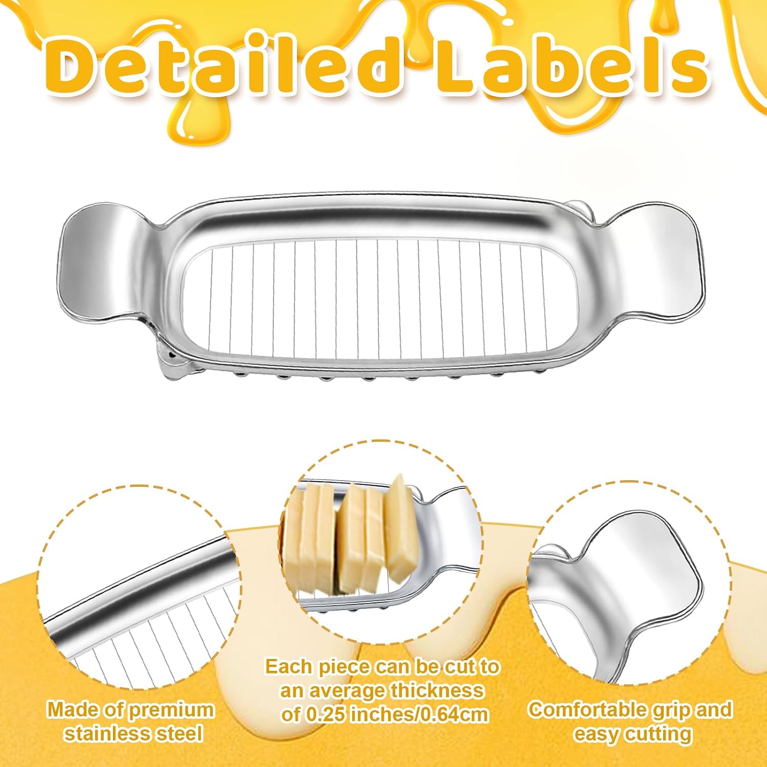 2pcs Butter and Cheese Slicer Cutter, Stainless Steel Block Cheese Cutter Multipurpose Handheld Butter Slicing Food Tool for Precise Slicing Eggs Soft Fruits Dishwasher Washable