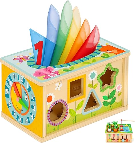 Caja de pañuelos Montessori 6 en 1, cubo de actividades de madera para más de 6 meses, rompecabezas clasificador de colores y formas, juguetes