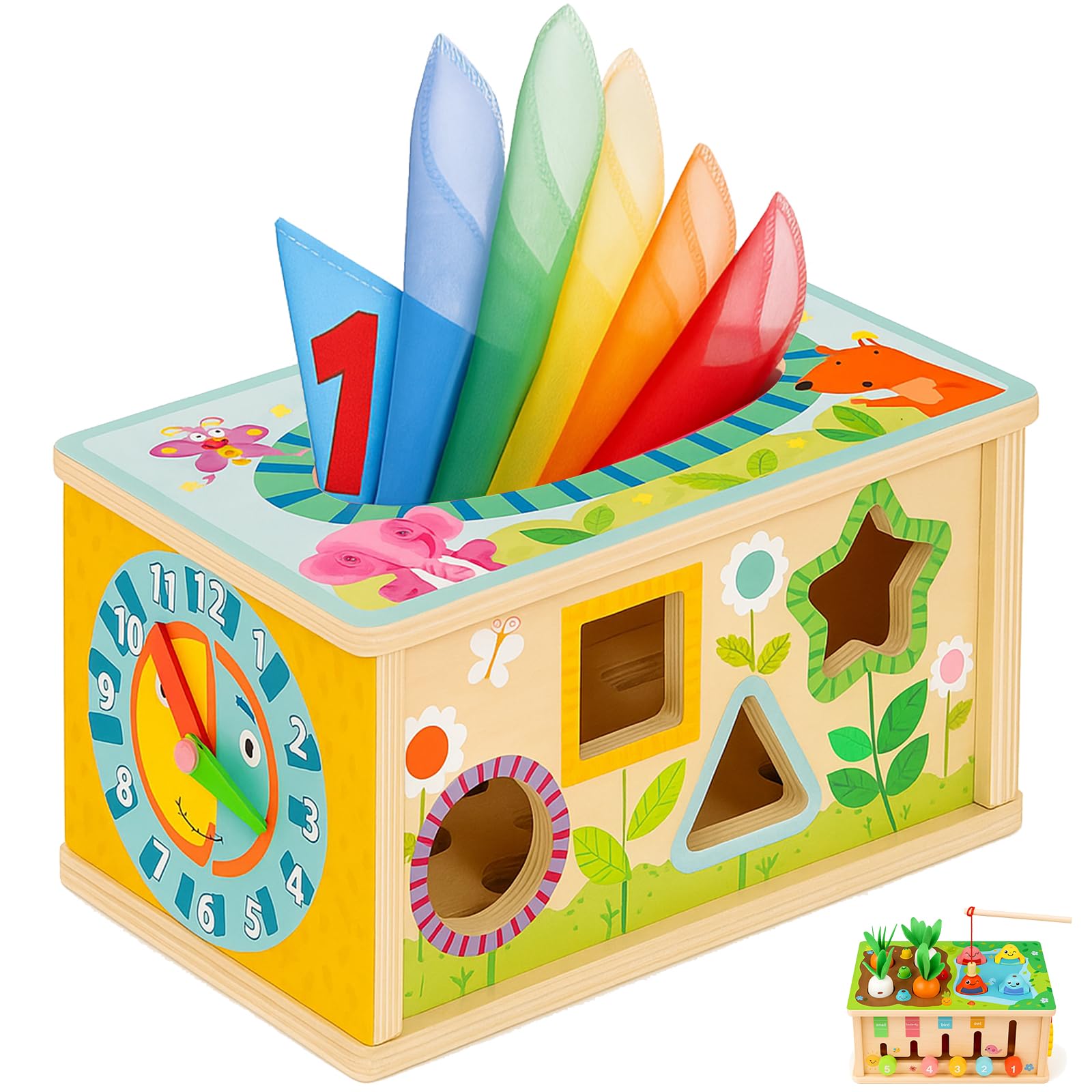 6-in-1 Montessori Baby Tissue Box Toy, Wooden Activity Cube for 6+ Months, Color & Shape Sorter Puzzles Sensory Toys for 12-18 Months. Baby Early Education Fine Motor Skills Gift for Toddlers 1-3