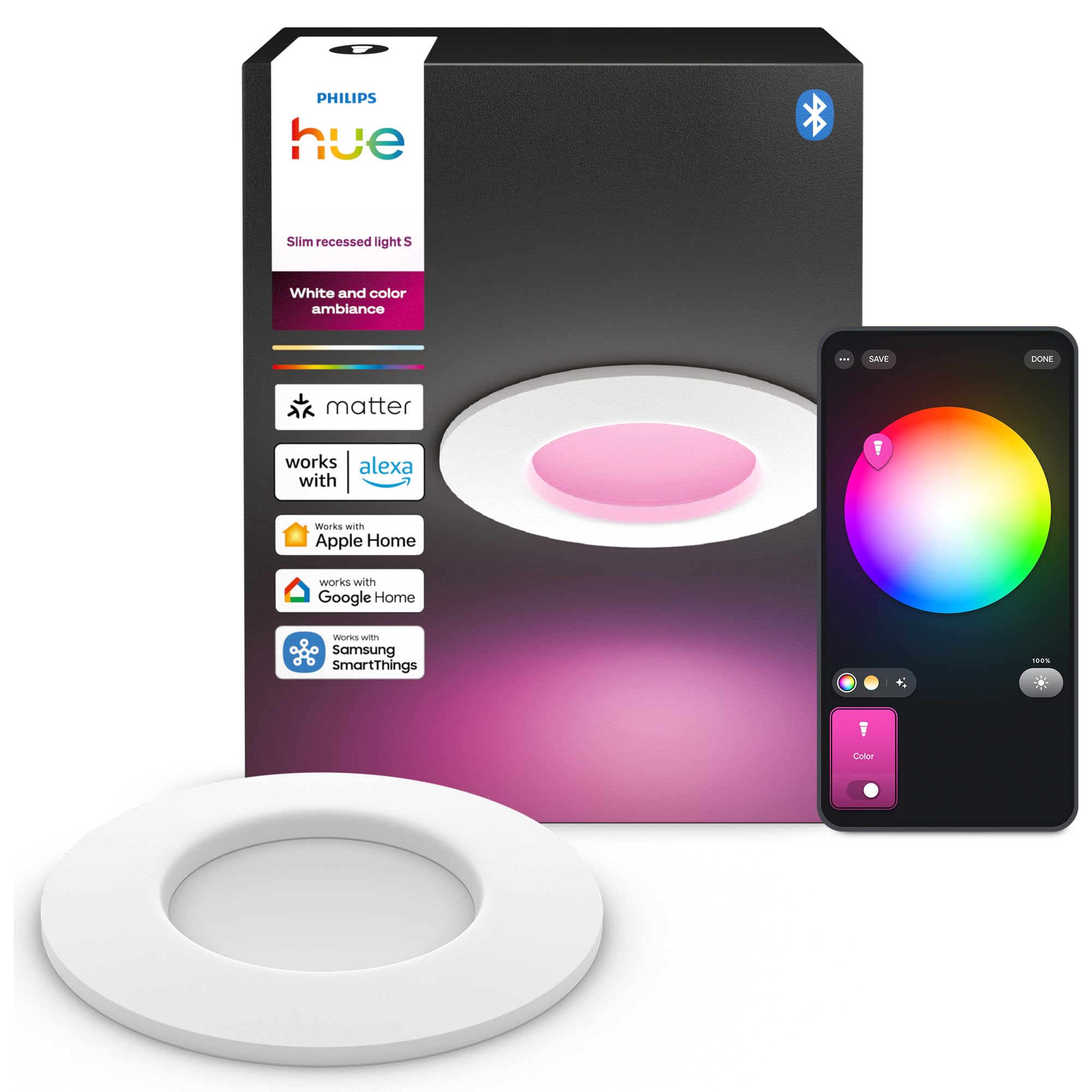 Philips Hue Slim Downlight, Foco LED Empotrable, 1000 lm, 90 mm, Diseño Delgado, Espectro Luz de Día 1000K-20000K, Regulación Ultrabaja, Color Preciso, Iluminación Inteligente, Blanco, Pack de 1
