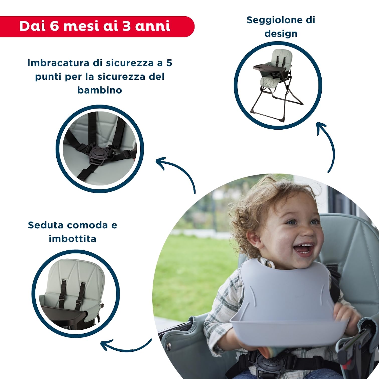 THERMOBABY - HANDY | Seggiolone pieghevole e portatile per bebè | Da 6 mesi a 3 anni | Fino a 15 kg | Cuscino lavabile | Vassoio amovibile e cintura di sicurezza | Leggero e compatto