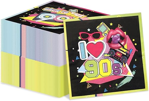 Miniatura 17 de 100 servilletas de decoración de los años 80 de 13 x 13 pulgadas, servilletas de fiesta de regreso a los 80, servilletas coloridas de hip hop para