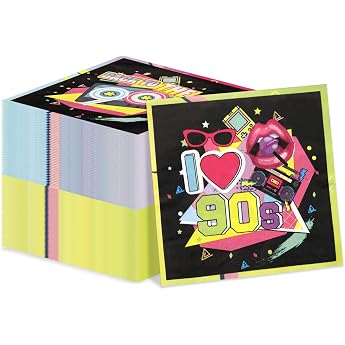 Pack of 100 90s Napkins - 90s Party Decorations Colourful 90s Hip Hop Napkins for Back to the 90s Theme Birthday Party Accessories 33 x 33 cm