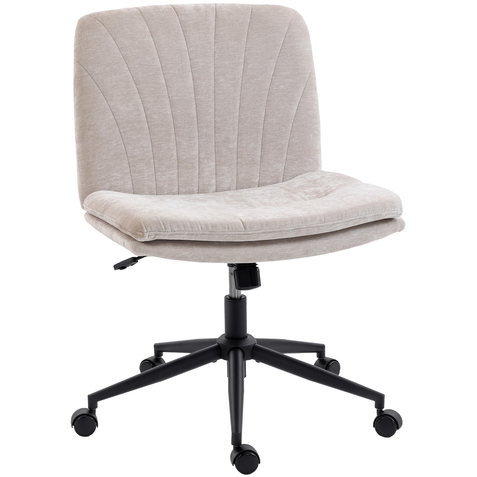 HOMCOM Silla de Oficina Piernas Cruzadas, Silla de Escritorio con Asiento Ancho, sin Reposabrazos, Ruedas, Altura Ajustable, Giratoria, Función Basculante, Tapizada en Chenilla, 62x67x83-93 cm, Beige