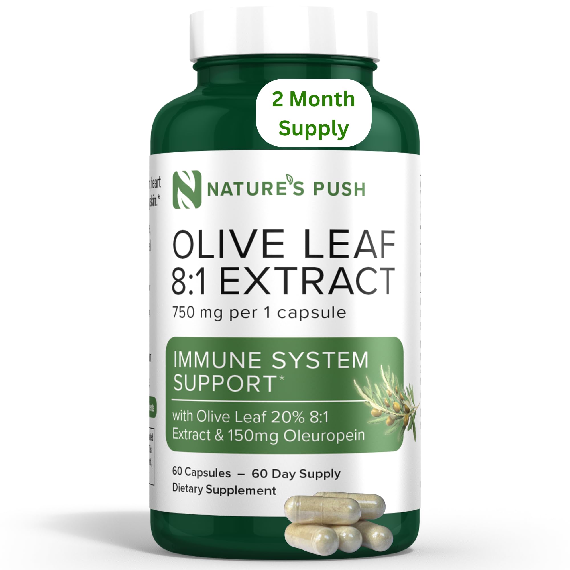 Super Potent Olive Leaf 8:1 Extract 20% Oleuropein 750mg Capsule Immune System, Skin, and Heart Health Support Vegan Non-GMO USA cGMP Gluten Free Antioxidants 60 Capsules 2 Month Supply