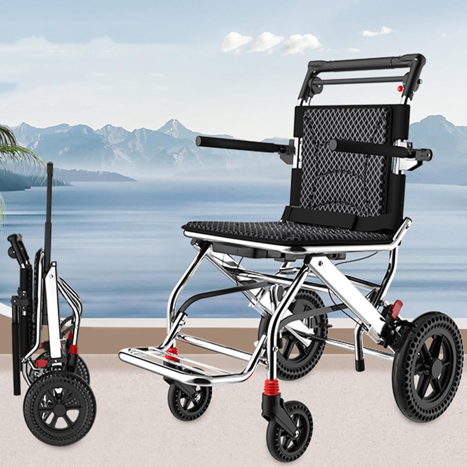 Silla de ruedas plegable ligera para adultos y niños, silla de ruedas portátil de viaje con freno de mano, marco de aleación de aluminio para un fácil transporte