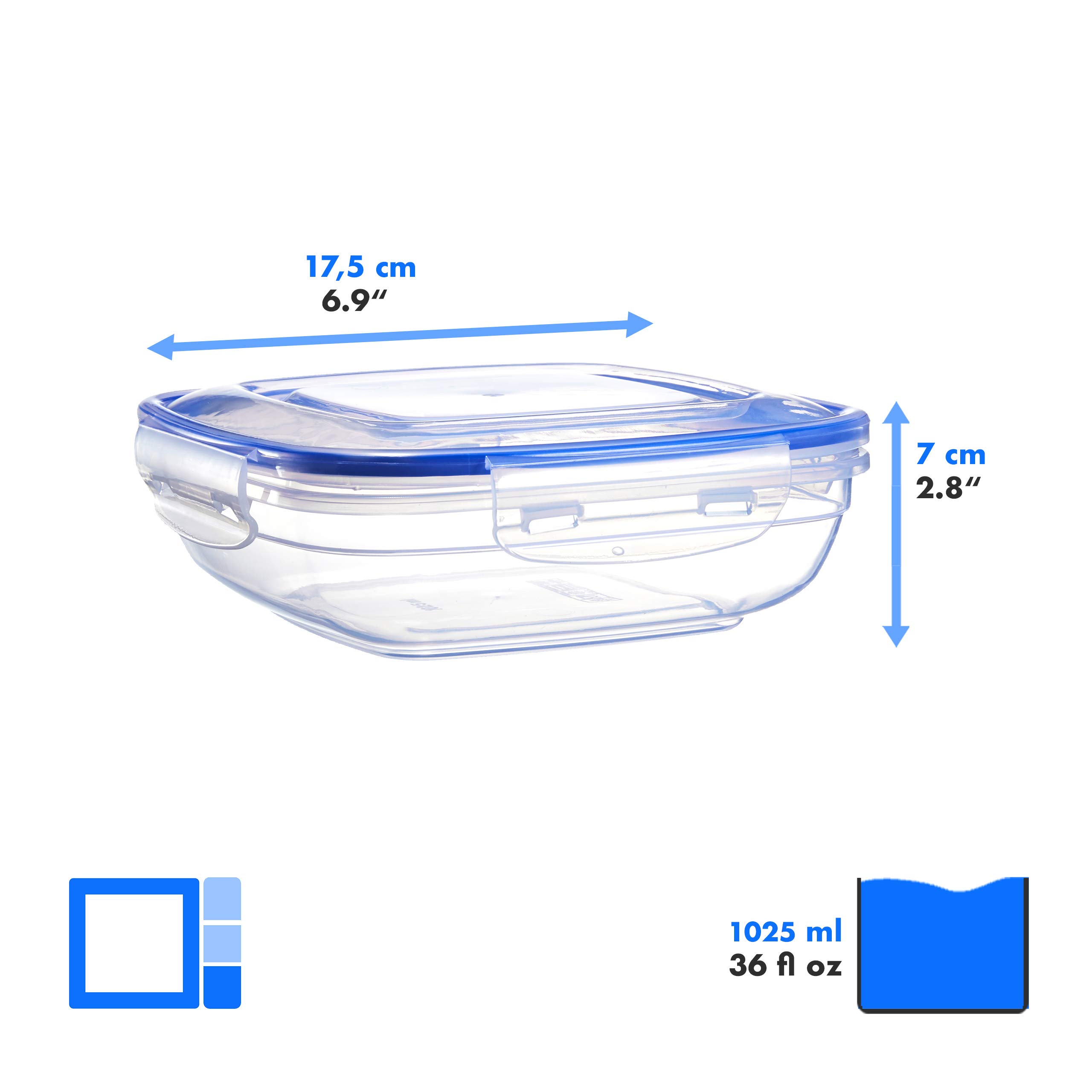 Grizzly juego de recipientes de plástico para almacenamiento de alimentos, 8 recipientes de almacenamiento con tapa, planos, cuadrados, aptos para microondas y lavavajillas
