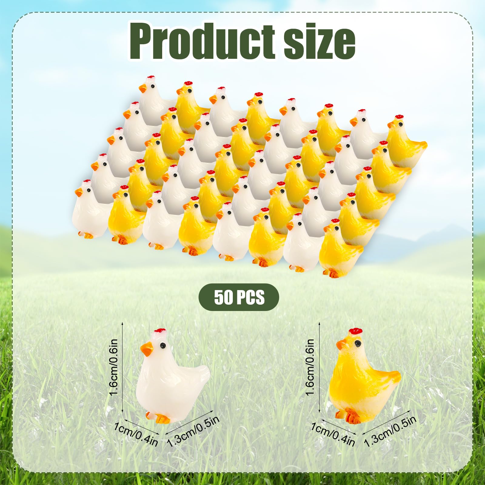 50szt Miniaturowe Kurczaki z Żywicy, 2 Kolory Mini Kurczaki z Żywicy Tiny Kurczaki z Żywicy Ozdoby Wystrój do Krajobrazu Ogrodowego Dekoracja Tort Urodzinowy z Motywem Roślin Doniczkowych
