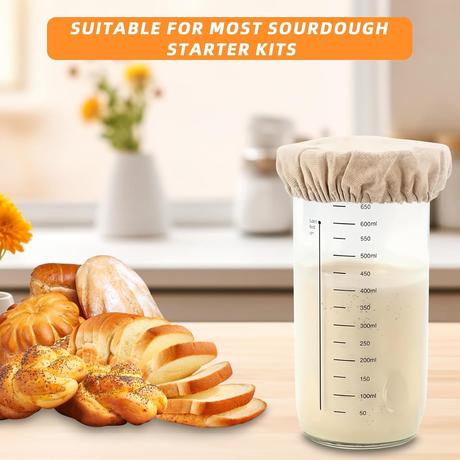 6 Pack Sourdough Starter Jar Covers Cloth - Reusable Linen Covers Cloth for Elastic Sourdough Starter Container, Unbleached Fabric Bread Fermentation Cover for Most 3-4 Inch Glass Mason-Jars