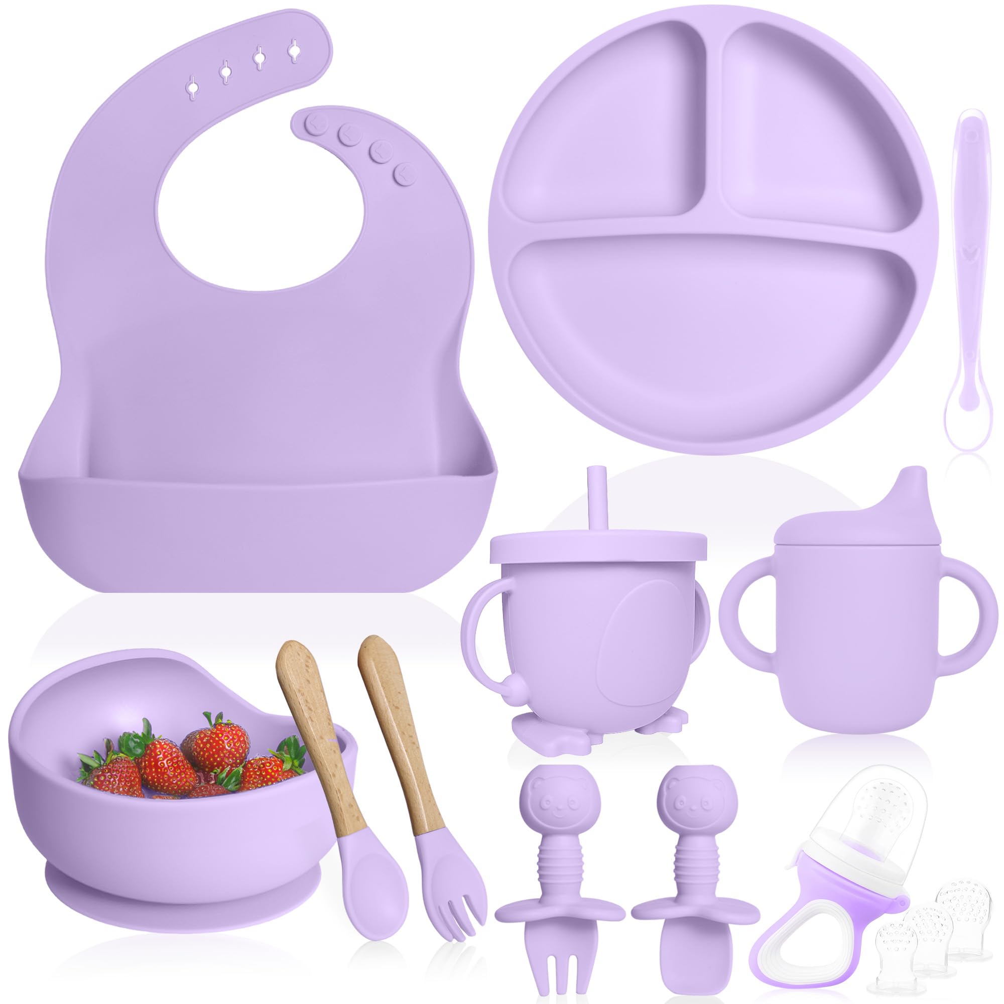 Bluet B- Silicone Baby Feeding Set with Pacifier - Baby Led Weaning Supplies - Baby Spoons, Suction Bowl - Plate - Baby Utensils Set - Silicone Feeding Set for Baby First Foods - 11pcs - Purple