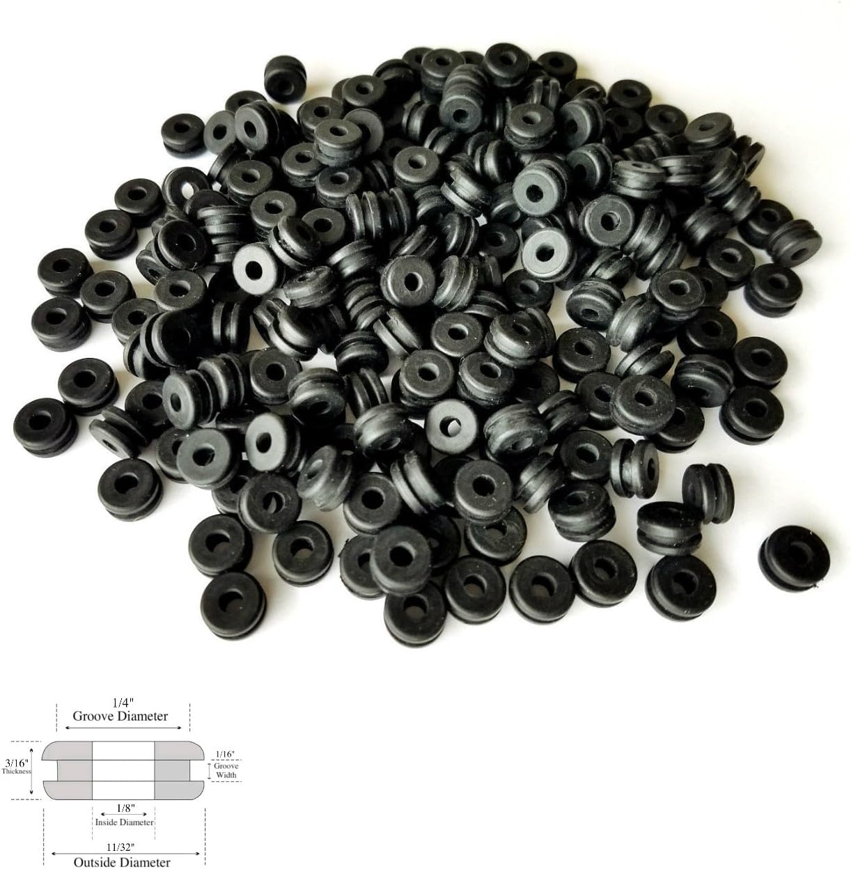 Pack of 100 Rubber Grommets: 1/8" Inside Diameter - 1/16" Groove Width - Fits 1/4" Drill Holes. Ideal for Sealing, DIY Projects, Wire Protection, and Cable Management