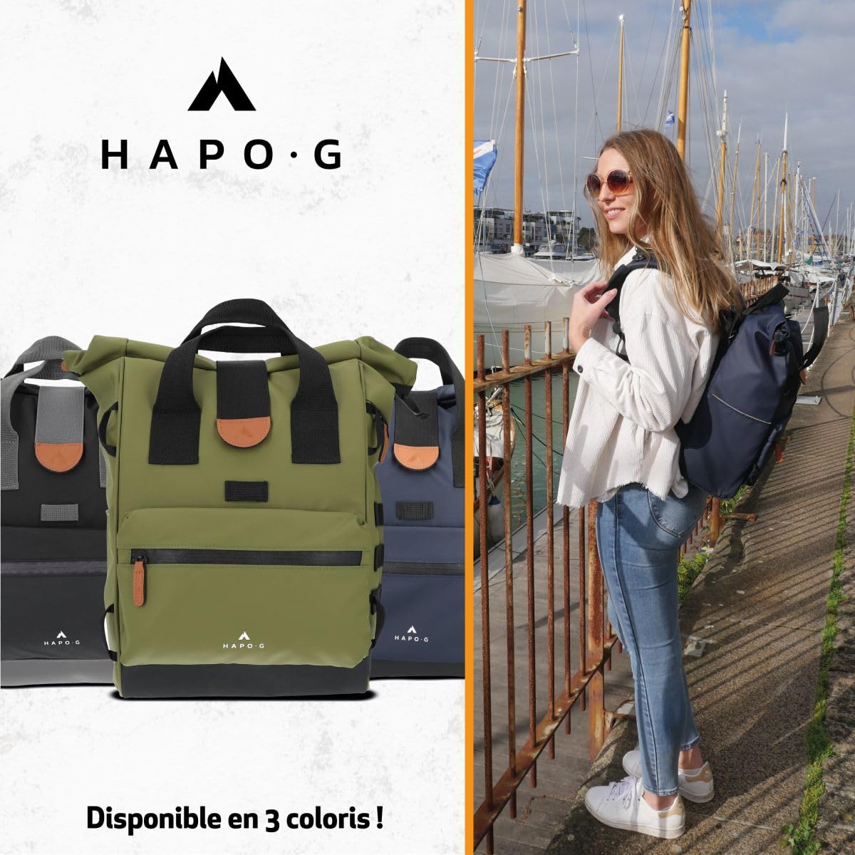 Hapo-G - Sacoche arrière roll-top convertible sac à dos MEDIUM - 22L - KAKI - Waterproof et déperlant - Compartiment ordinateur 14" - Poches zippées - Fixation porte-bagages - Idéal pour vélo