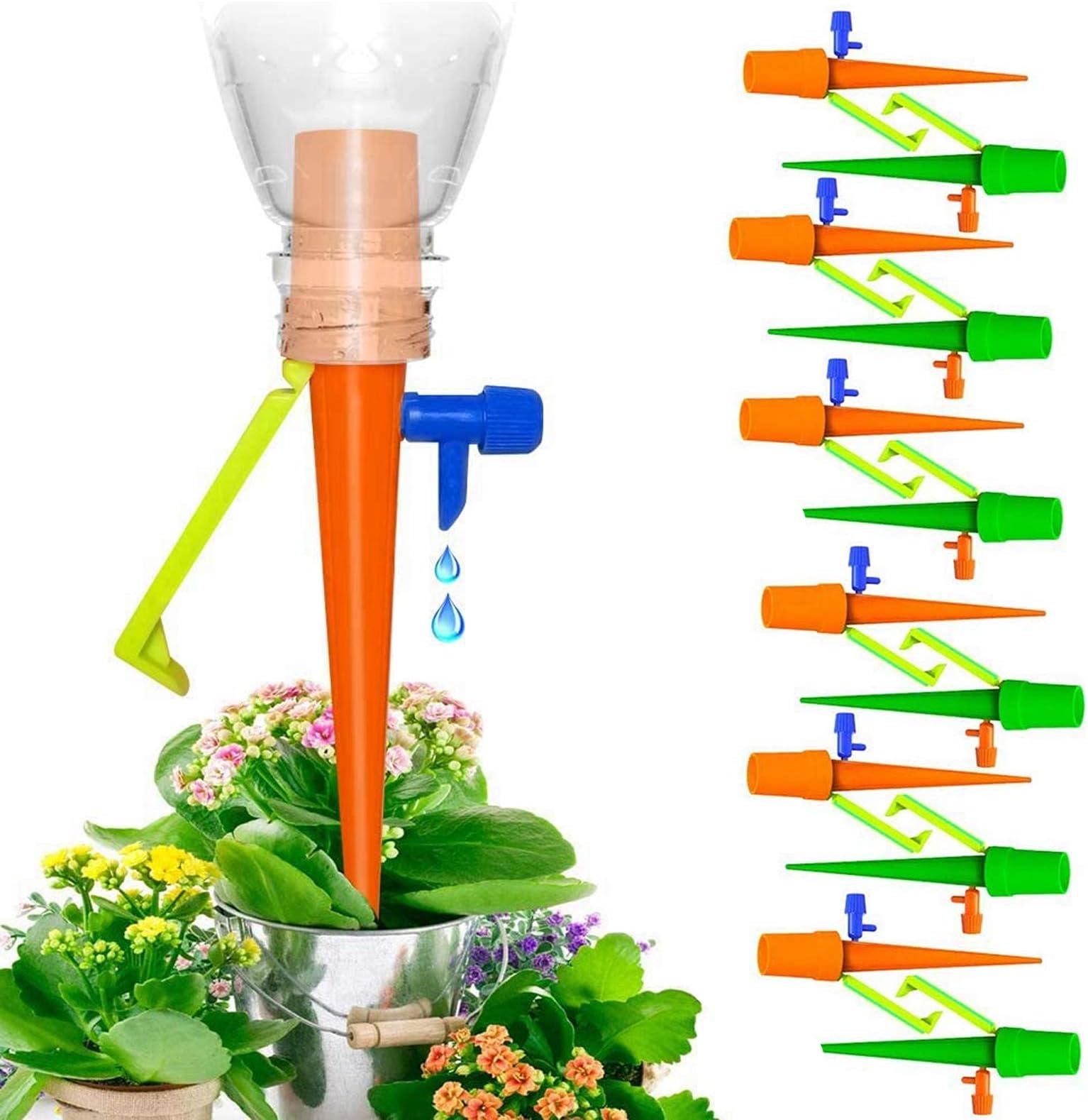 Plant Watering Devices, 12 PCS Self Watering Spikes with Anti-tilt Bracket & Valve Control Switch, Vacation Automatic Plants Watering Drip Irrigation Spikes with Slow Release Control
