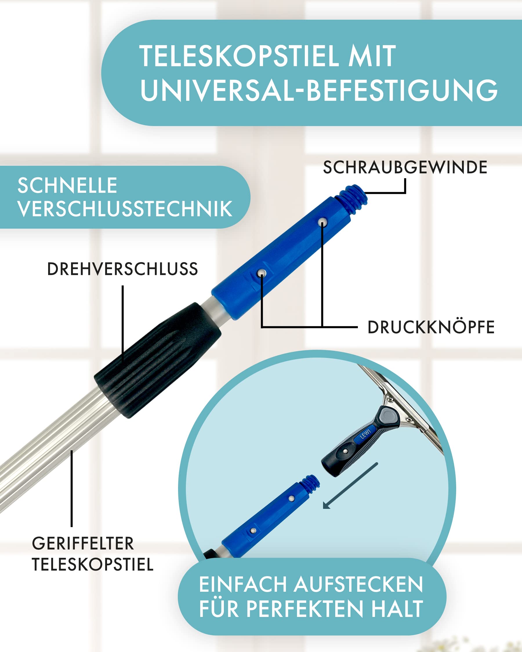 LEWI Fensterreinigungsset mit Teleskopstange (2x60 cm) – Profi Fensterwischer & Fensterabzieher je 45 cm – Aluminium-Stange für hohe Fenster & Ecken – inkl. Konus & Gratisprobe GlasRein