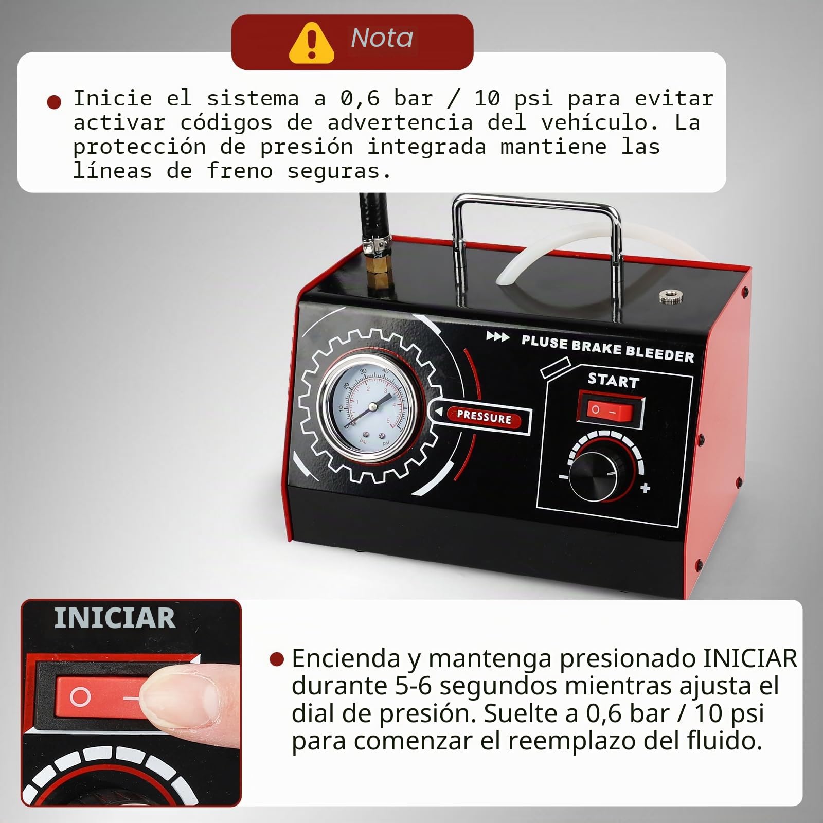 JAOGAUS Dispositivo de Purga de Frenos DC 12V, Sistema Automático Pulsante | para Cambio de Líquido de Frenos, Presión Ajustable 0,5–2,5Bar con Adaptador de Cilindro Maestro y Botella de Recogida, Negro
