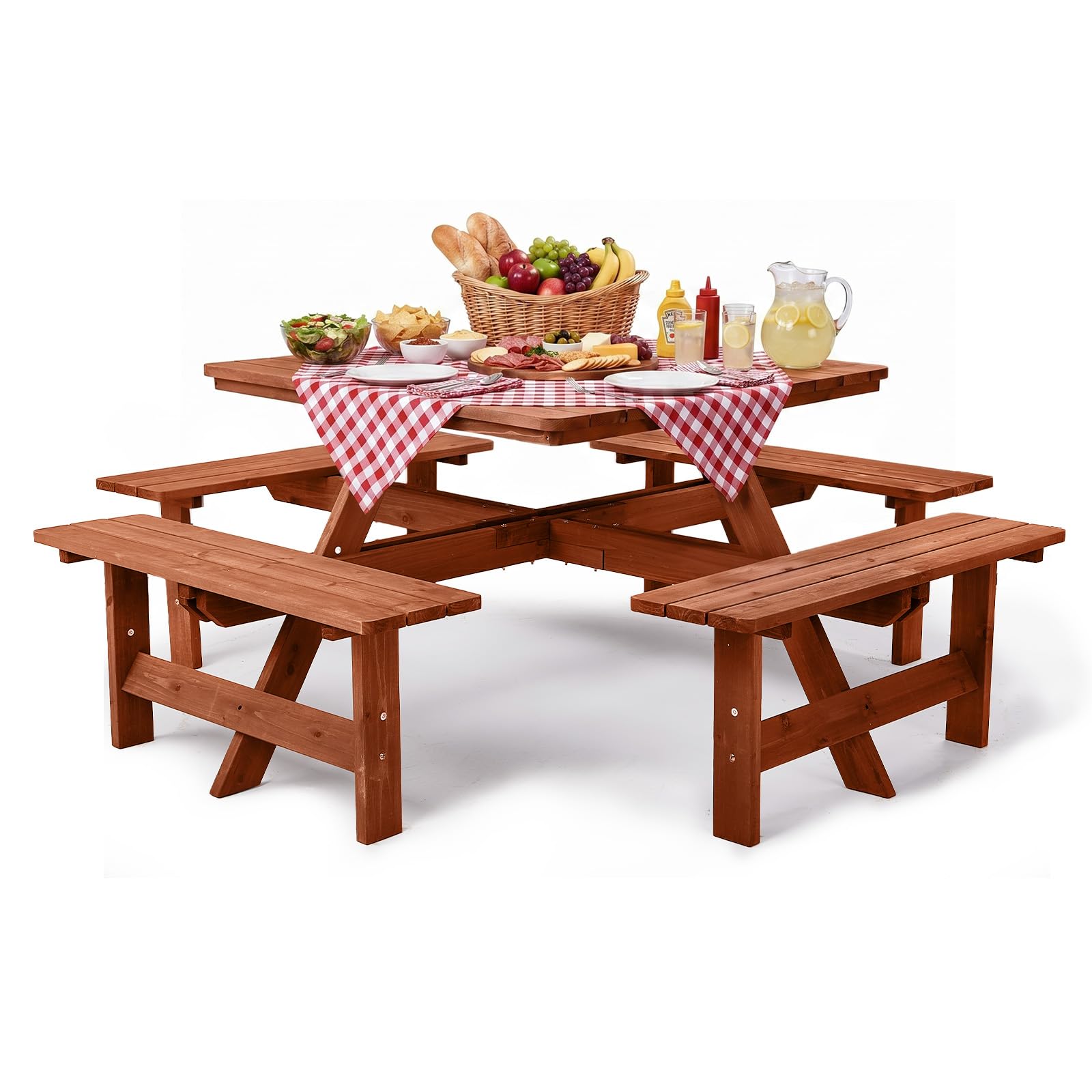 VINGLI 8 Seater Wooden Picnic Bench Table, Square, Dark Brown