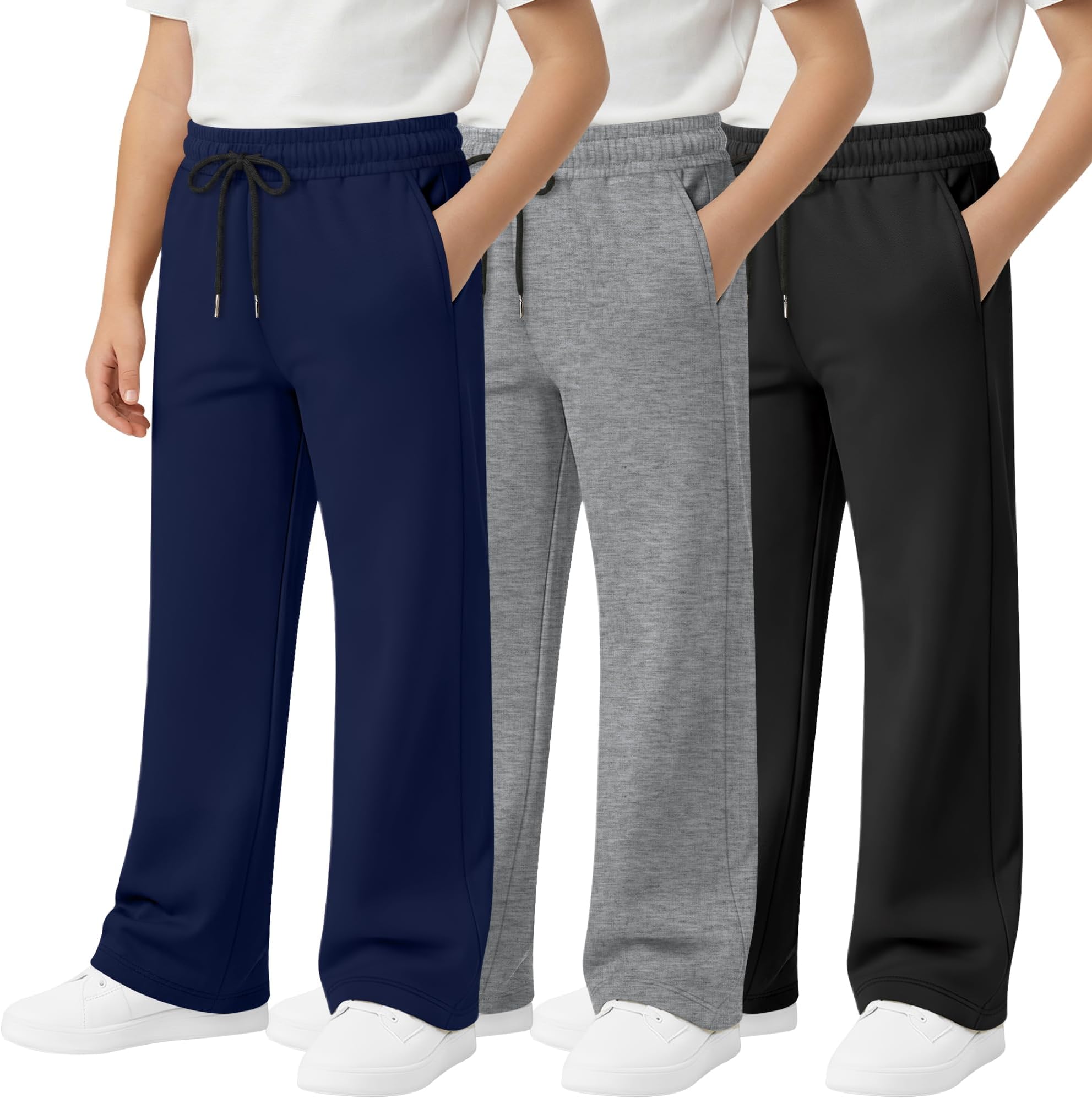 3 Pcs Boys Lightweight Sweatpants Wide Leg Open Bottom Drawstring Elastic High Waist Joggers Baggy Athletic Pants