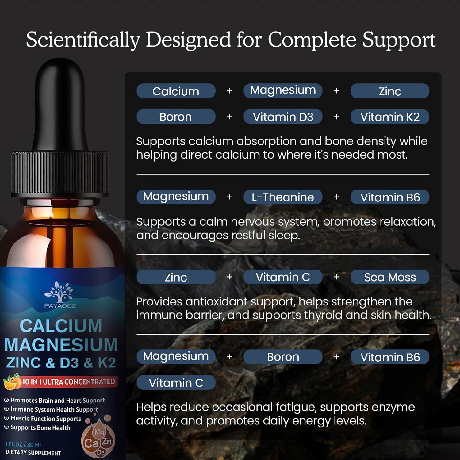 (2 Pack) 10 in 1 Magnesium Calcium Zinc Supplement with Vitamin C D3 K2, Glycinate Mag Vegan Liquid Drops Plus L-Theanine Boron Sea Moss Extract, Bone & Immune Support, Orange Flavor, 1 Fl Oz