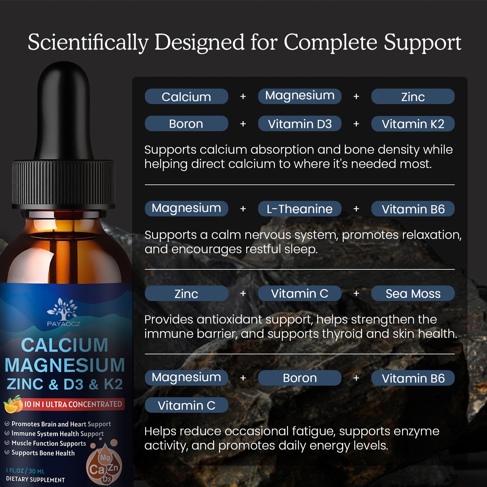 (2 Pack) 10 in 1 Magnesium Calcium Zinc Supplement with Vitamin C D3 K2, Glycinate Mag Vegan Liquid Drops Plus L-Theanine Boron Sea Moss Extract, Bone & Immune Support, Orange Flavor, 1 Fl Oz — Amazon image 5