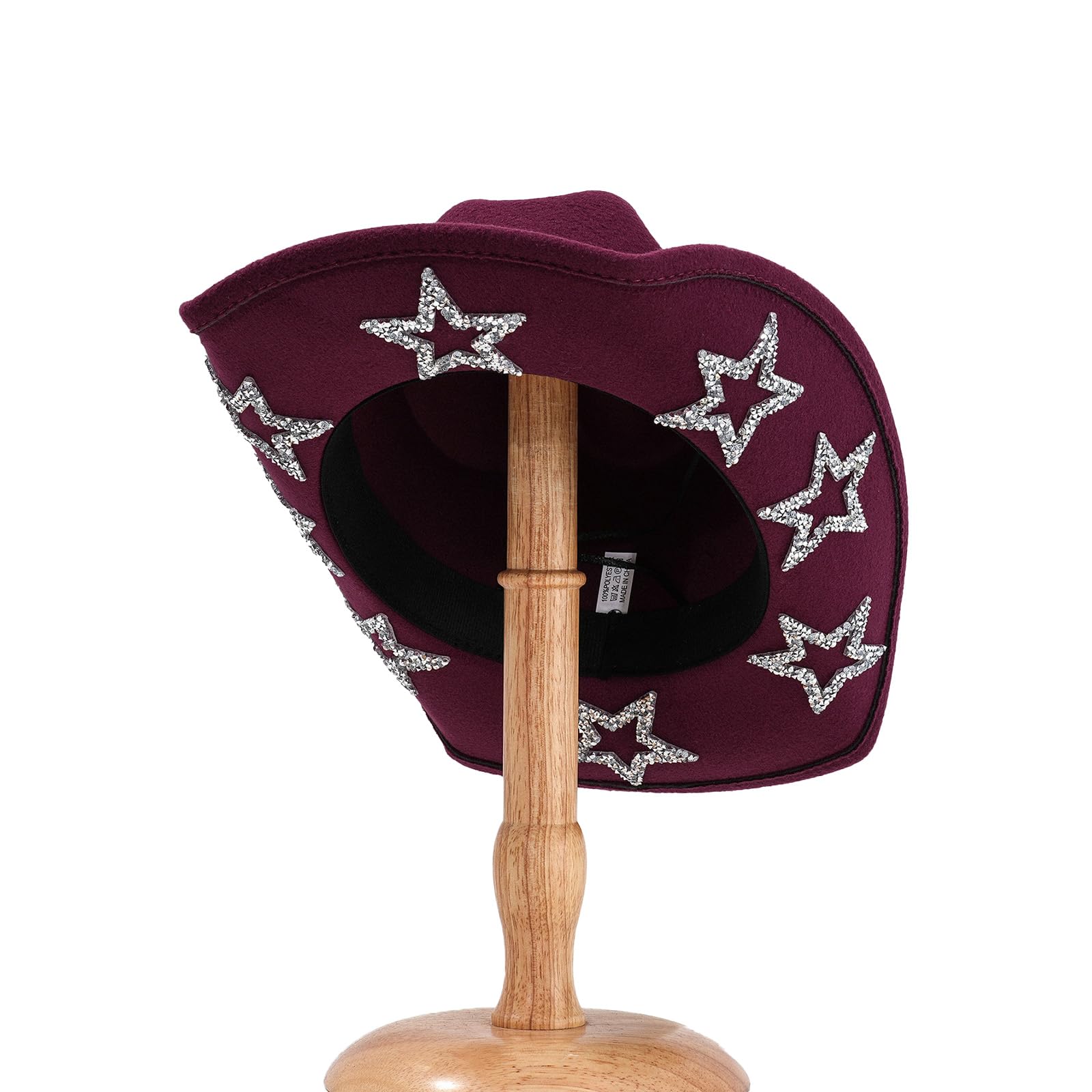 PWGGMAA Women Men Cowgirl Hat Wide Brim Rhinestone Star Western Hats for Wedding Carnival Rave Party Travel Accessories (Wine Red, M)