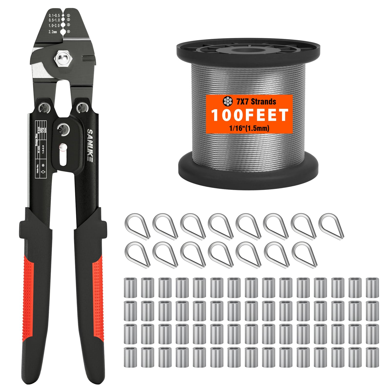 Sanuke Wire Rope Crimp Kit with 100ft 1/16 304 Stainless Steel Cable 7x7 Strand Core, 60PCS 1/16'' Aluminum Crimp Loop Sleeves and 15PCS M2 Wire Rope Stainless Steel Thimble