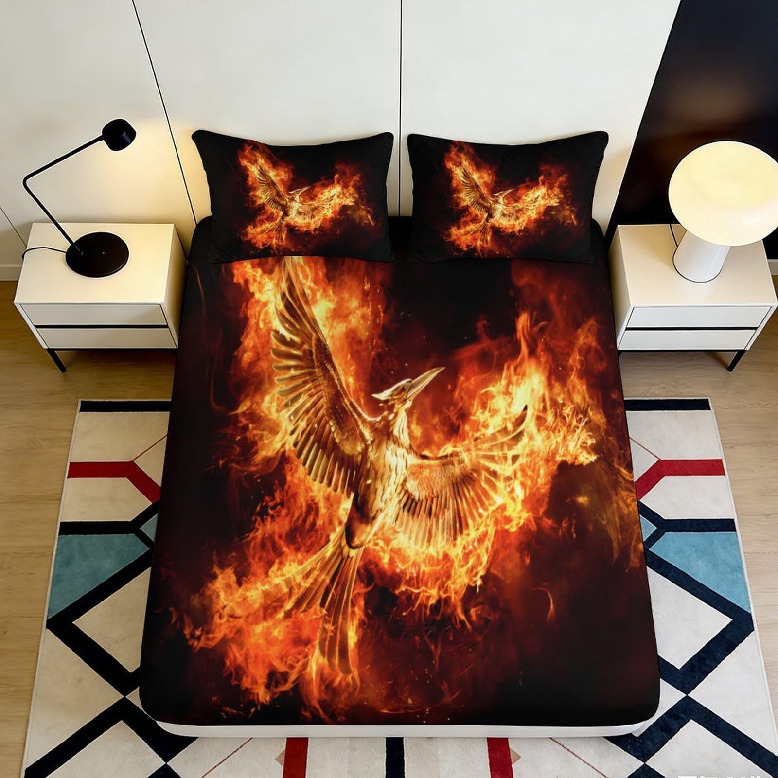 3D Printed Flaming Phoenix Fitted Sheet Microfiber Soft Black Fire Bird Mattress Cover for Bedroom Dorm Decor 160x200x25cm