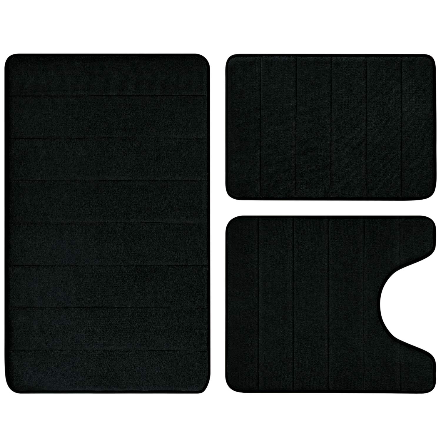 BYSURE Black Memory Foam Bathroom Rug Set 3 Piece, Non Slip Extra Soft Absorbent Washable & Dry Toilet Bath Mat Sets