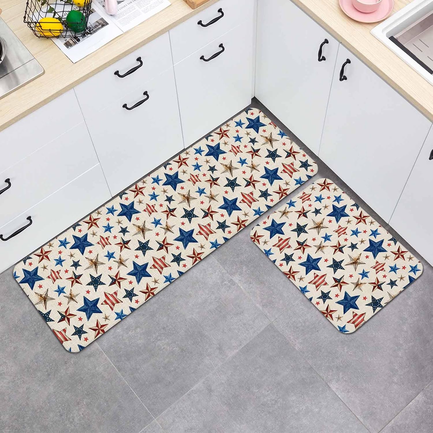 Prime Leader 4th of July Kitchen Mat Set 2 Pieces Mottled USA Flag Striped Stars Memorial Day Linen Non Slip Kitchen Rugs Washable Runner Rug Mats for Sink Laundry (19.7" x 31.5"+19.7" x 47.2")