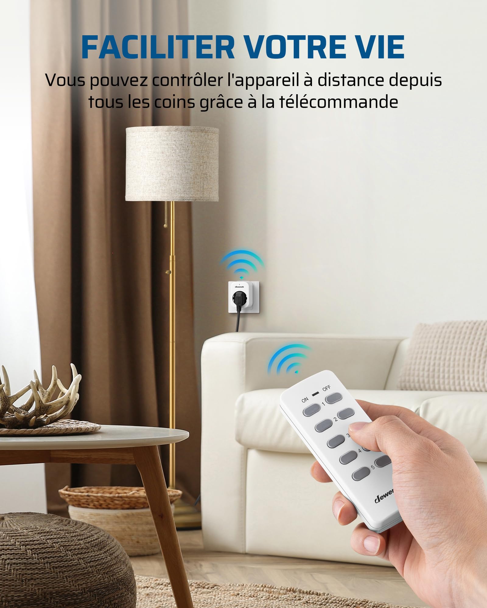 DEWENWILS Prises Sans Fil avec 2 Télécommandes, 10A 2300W, 5 Prises | Sans Câble Requis, Interrupteur Lumière Extensible pour Décoration de Fêtes, Portée 30 m, Préprogrammé, Blanc
