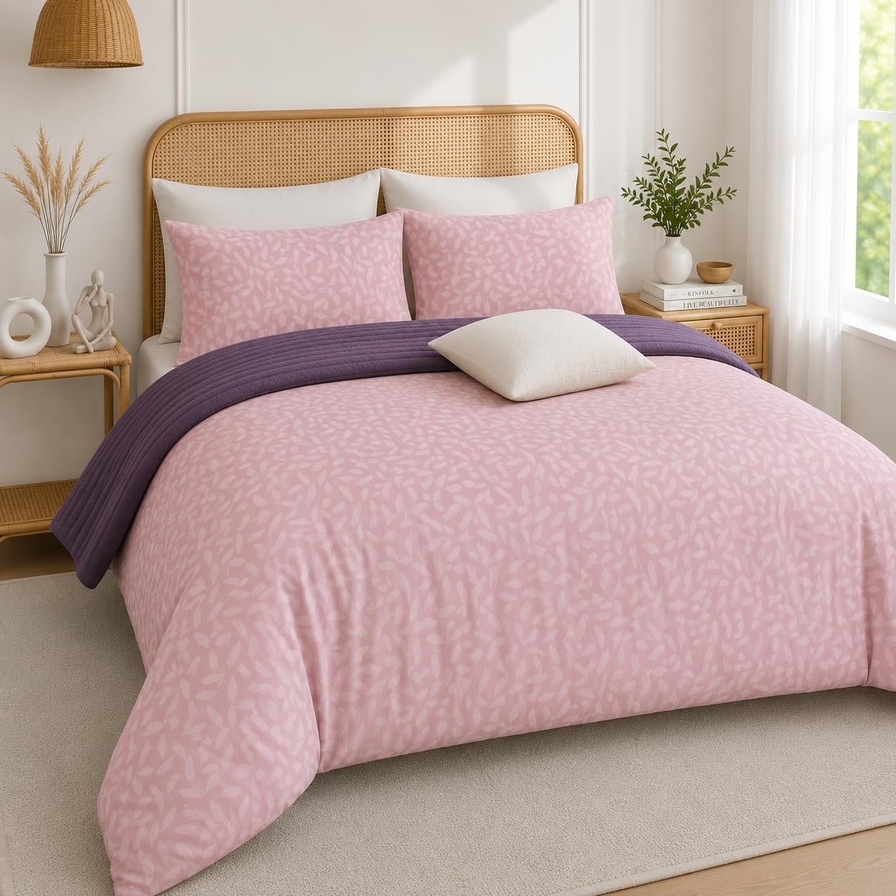 pink floral print duvet cover set with 2 pillow covers | leaf pattern design, reversible purple side, soft bedding set, queen bed size, bedroom decor
