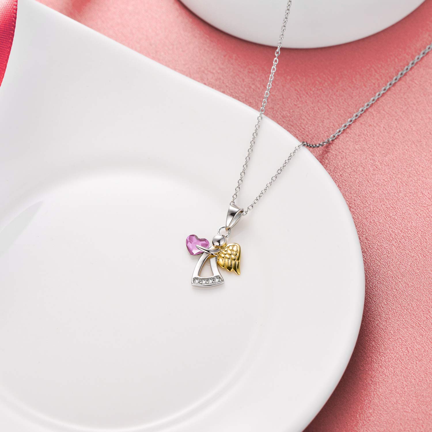Schutzengel Kette Sterling Silber 925 Engel Anhänger Halskette mit Kristallen, Taufe Kommunion Geburtstagsgeschenke für Mädchen Kinder
