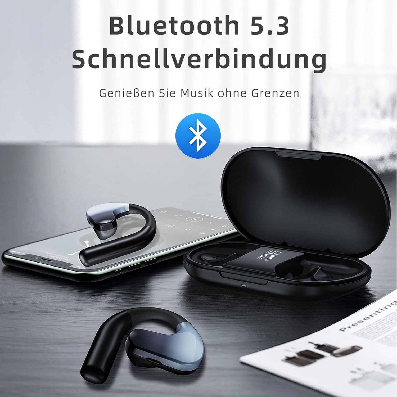 Person exercising with secure-fit open-ear headphones