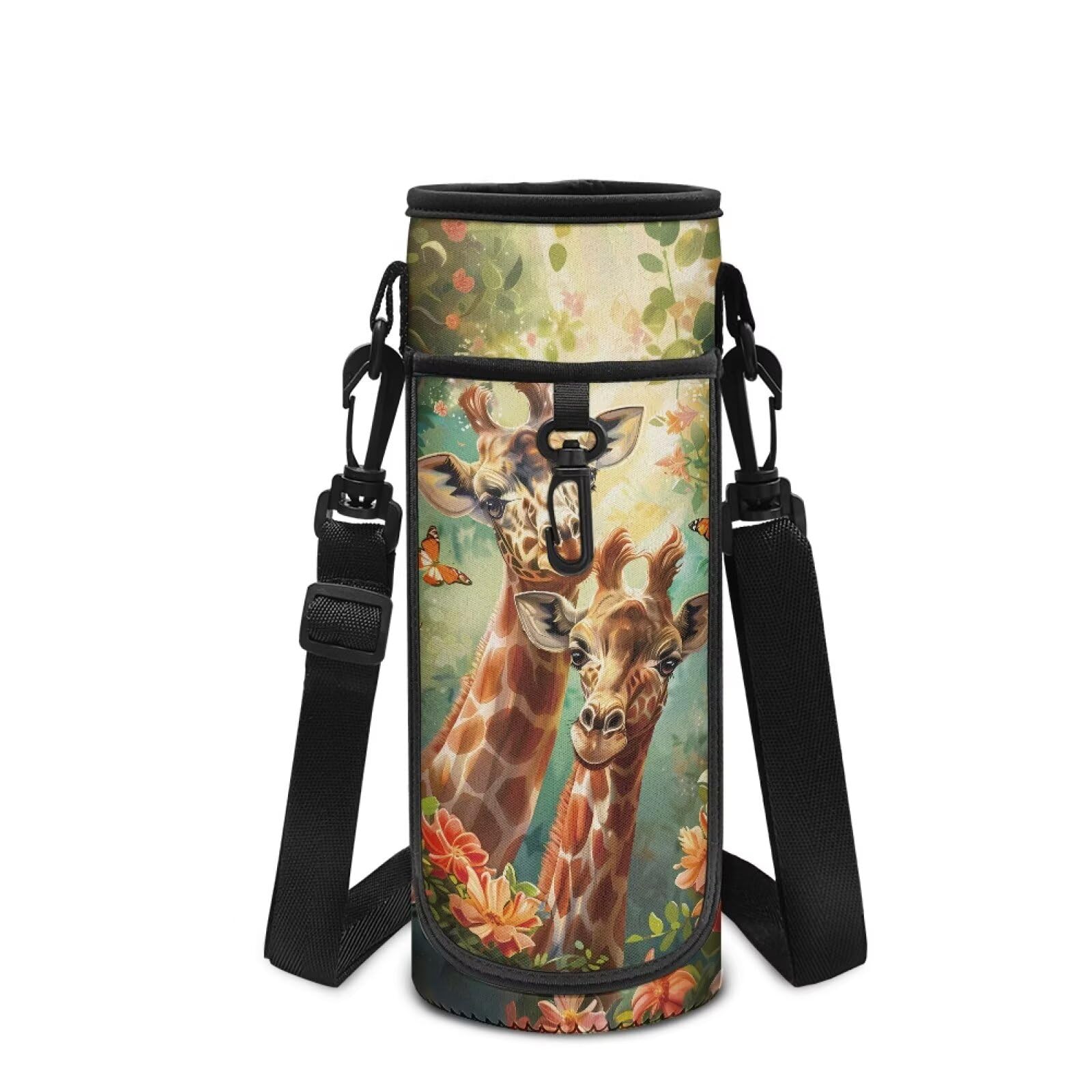Showudesigns Butterfly Giraffe Water Bottle Carrier Bag Girls Boys Water Bottle Sling Tote for Walking Hiking School Sports Bottles Holder Pouch with Shoulder Strap
