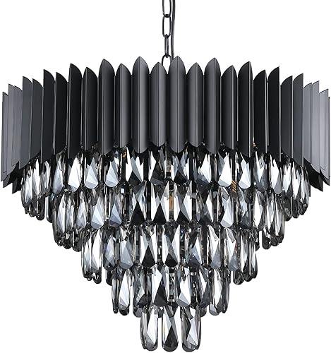 Miniatura 8 de Candelabros de cristal negro, contemporáneos de 24 pulgadas, modernos, lámparas colgantes de montaje empotrado, 12 luces, 5 niveles, K9, lámpara