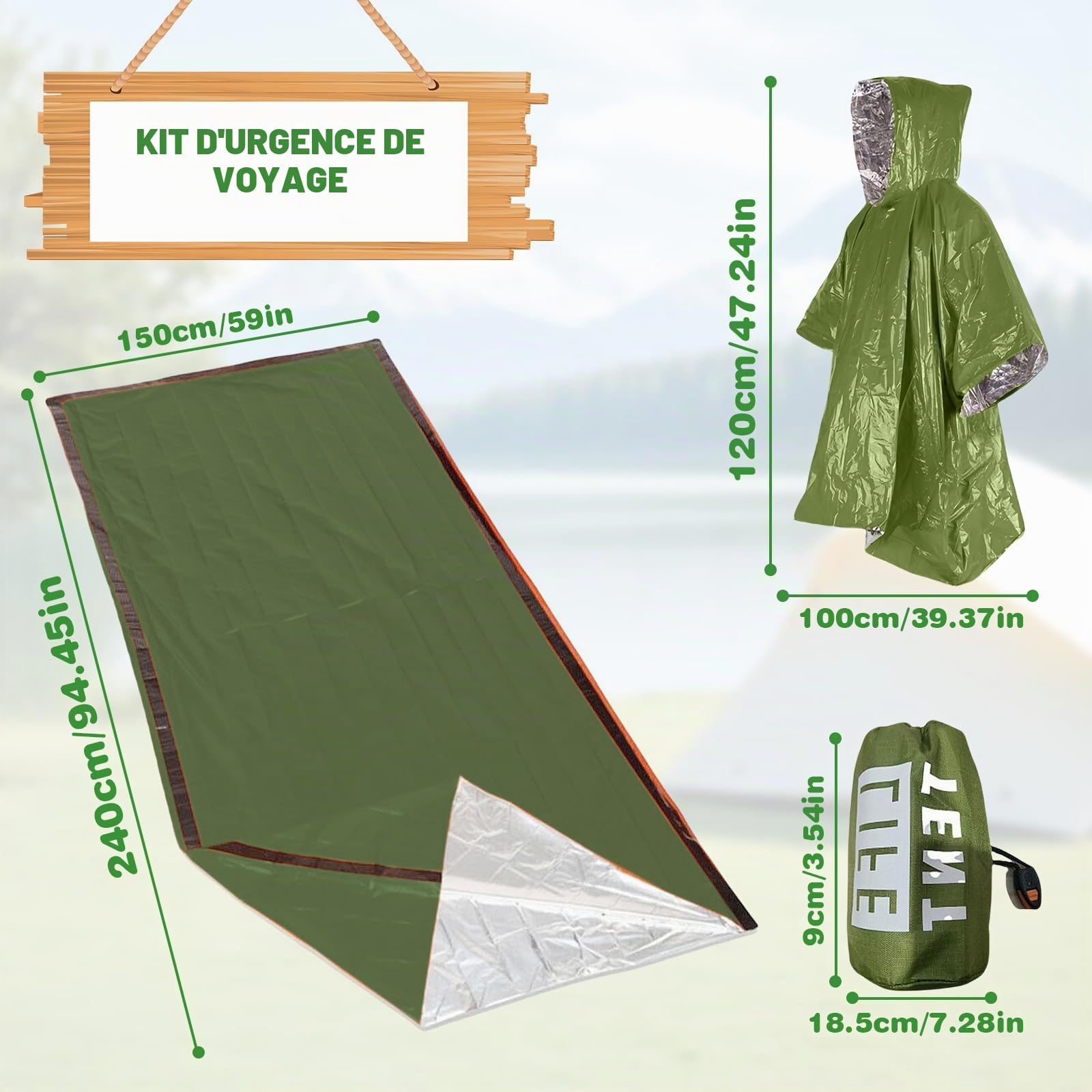 Sac de bivouac d'urgence réutilisable, tente d'urgence avec sac de transport & sifflet de signalisation & poncho de pluie d'urgence, tente de sauvetage pour camping, randonnée, premiers