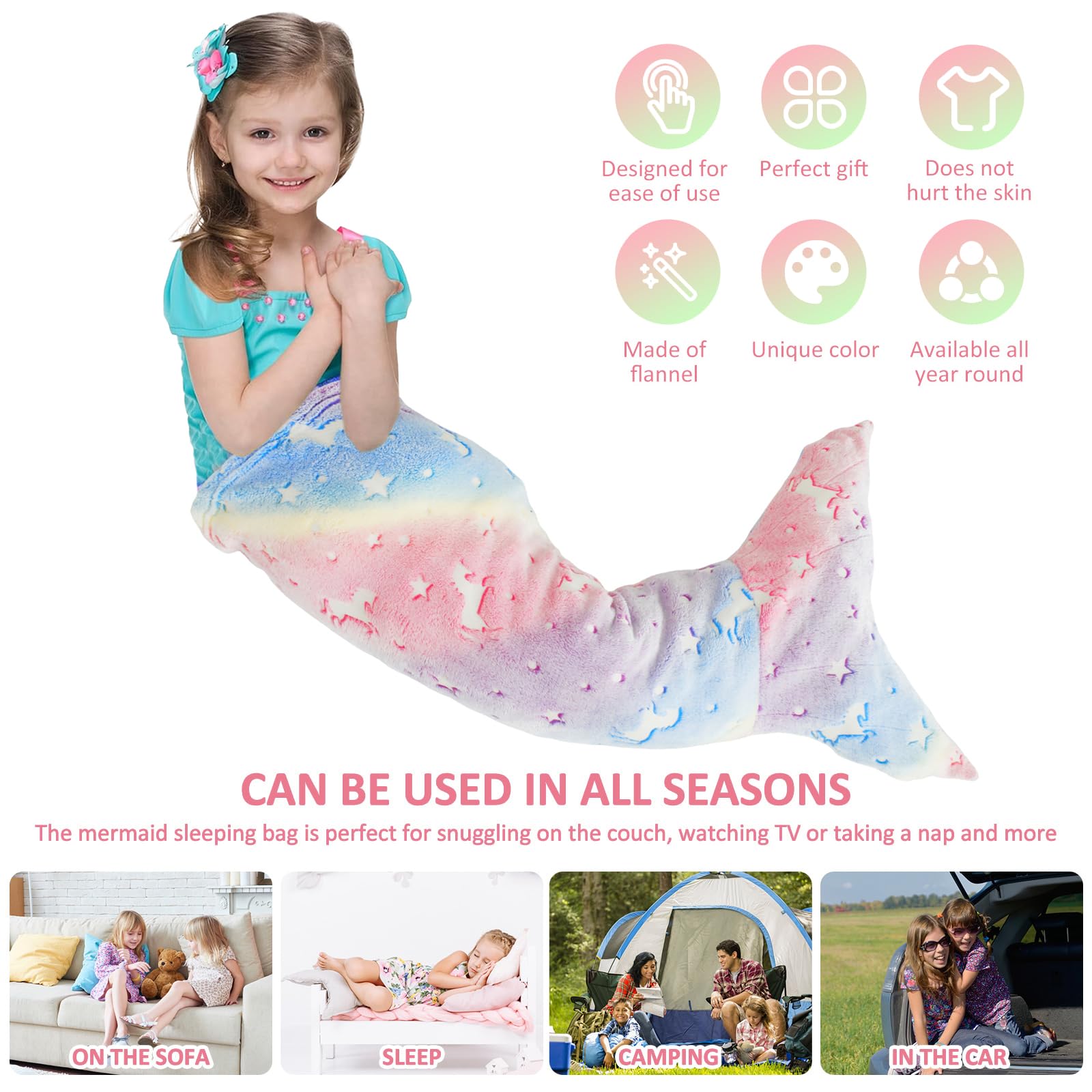 LYDODOKA Mermaid Tail Blanket, Flannel Mermaid Sleeping Bag, Luminous Snuggle Blanket Sofa Blanket, Gift Idea for Girls (B)