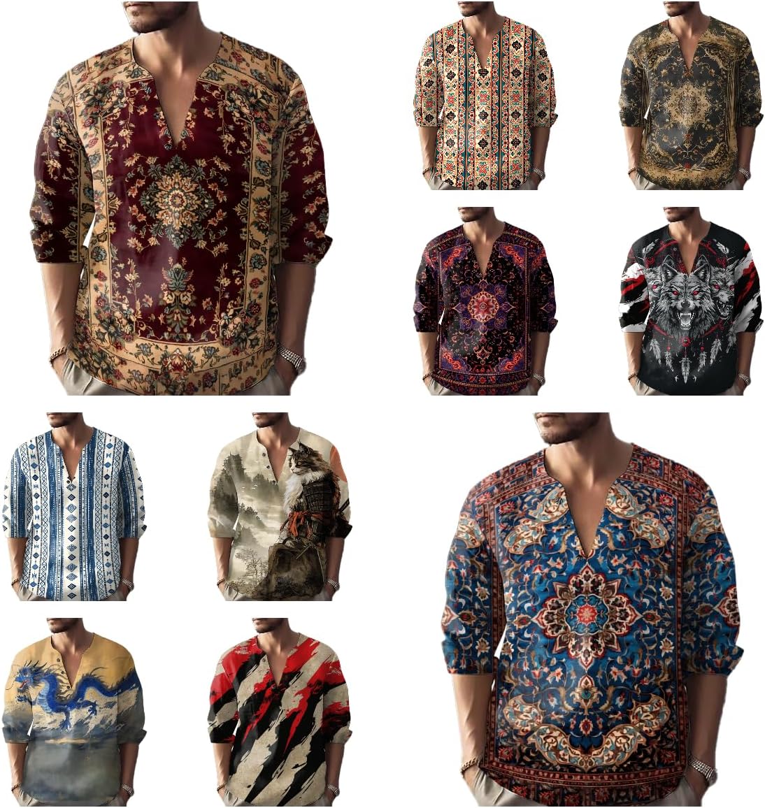 Henley Shirts for Men Ethnic Print Half Button Pullover Long Sleeve 2025 Summer Novelty Stylish Yoga Casual T-Shirt - Image 4