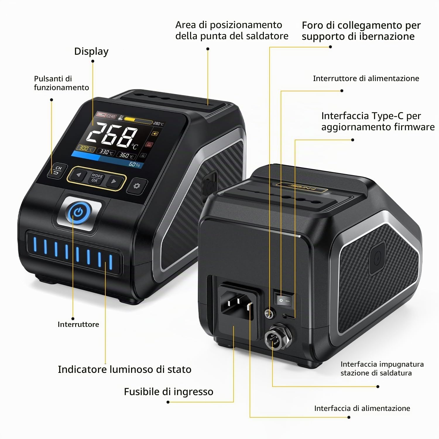 FNIRSI DWS-200 200W Precisione Digitale Stazione Saldatura Kit con 9 Punte (F210*3 e F245*6) e 2 Mani Assistente, 3 Memorie Temperature, Modalità Temperatura/Curva, Display TFT HD 2.8"