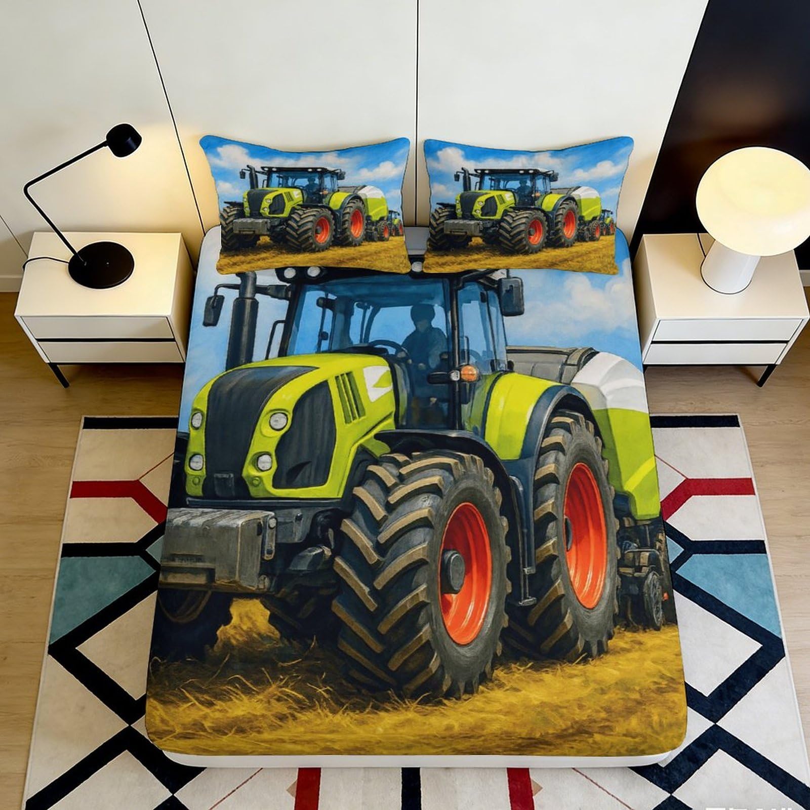 3D Printed Green Tractor Fitted Sheet Microfiber Farm Field Bed Cover for Bedroom Dorm Mattress Protection Decor 90x200x25cm