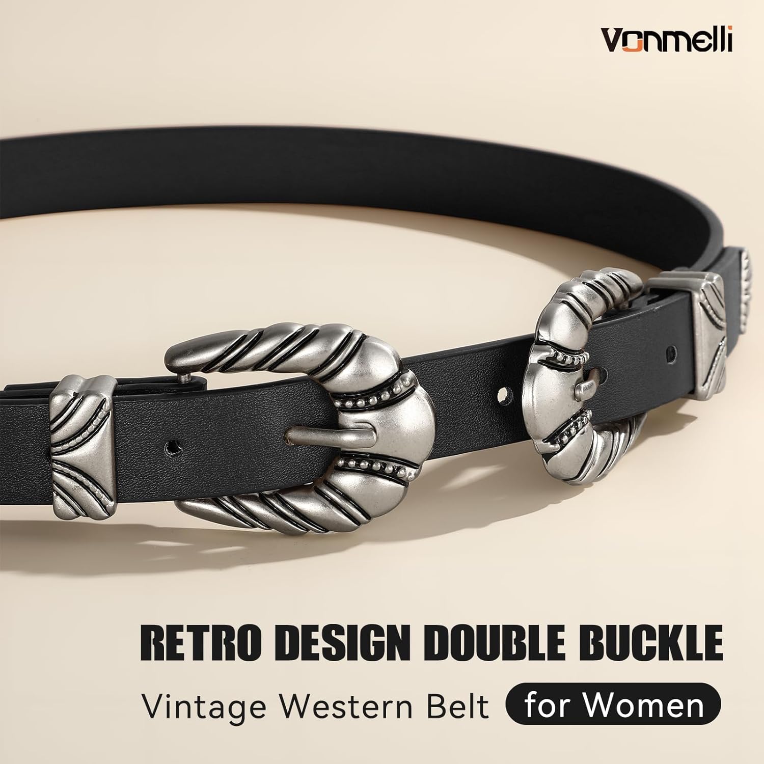 VONMELLI Western Leather Belts for Women Jeans Dress Cowgirl Thin Ladies Belt with Double Sliver Buckle - Image 3