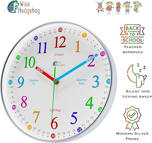 Miniatura 3 de Reloj de aprendizaje para niños, silencioso sin tictac, reloj de enseñanza para decir la hora, decoración de pared de habitación de niños para