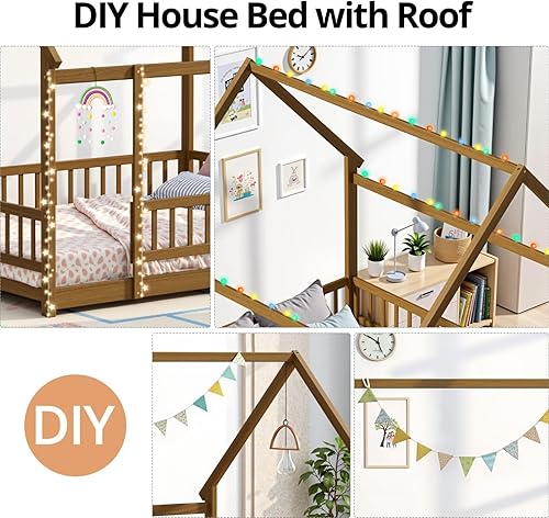 Miniatura 6 de Base de cama Montessori de tamaño individual con listones y valla, cama de madera para niños y niñas, color espresso claro