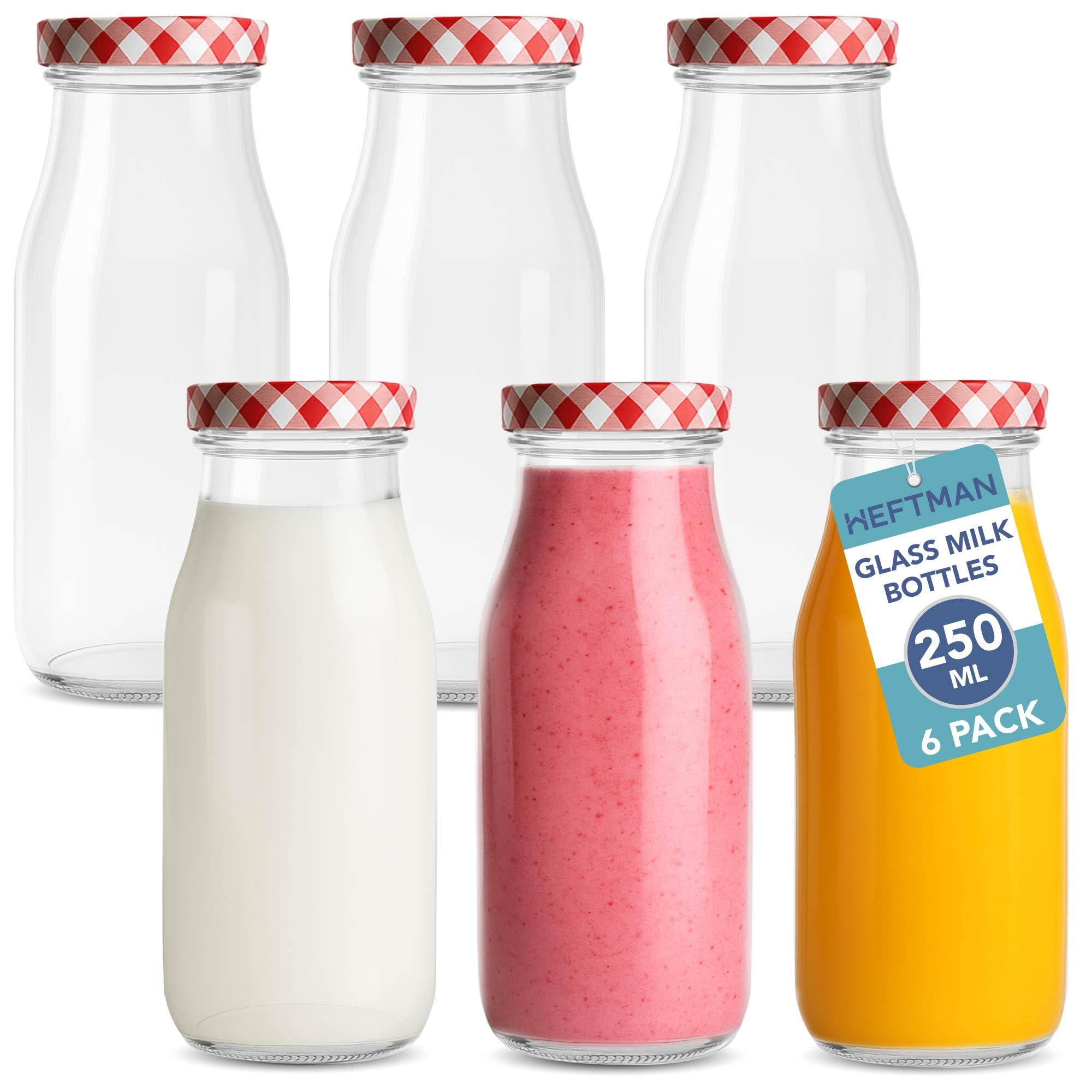 HEFTMAN Glass Milk Bottles with Lids - Empty 250ml Set of 6 Airtight Mini Milk Bottle with Red Gingham Lids for Beverages, Liquids & Décor - Retro Juice Bottles for Weddings, BBQ's & Picnics