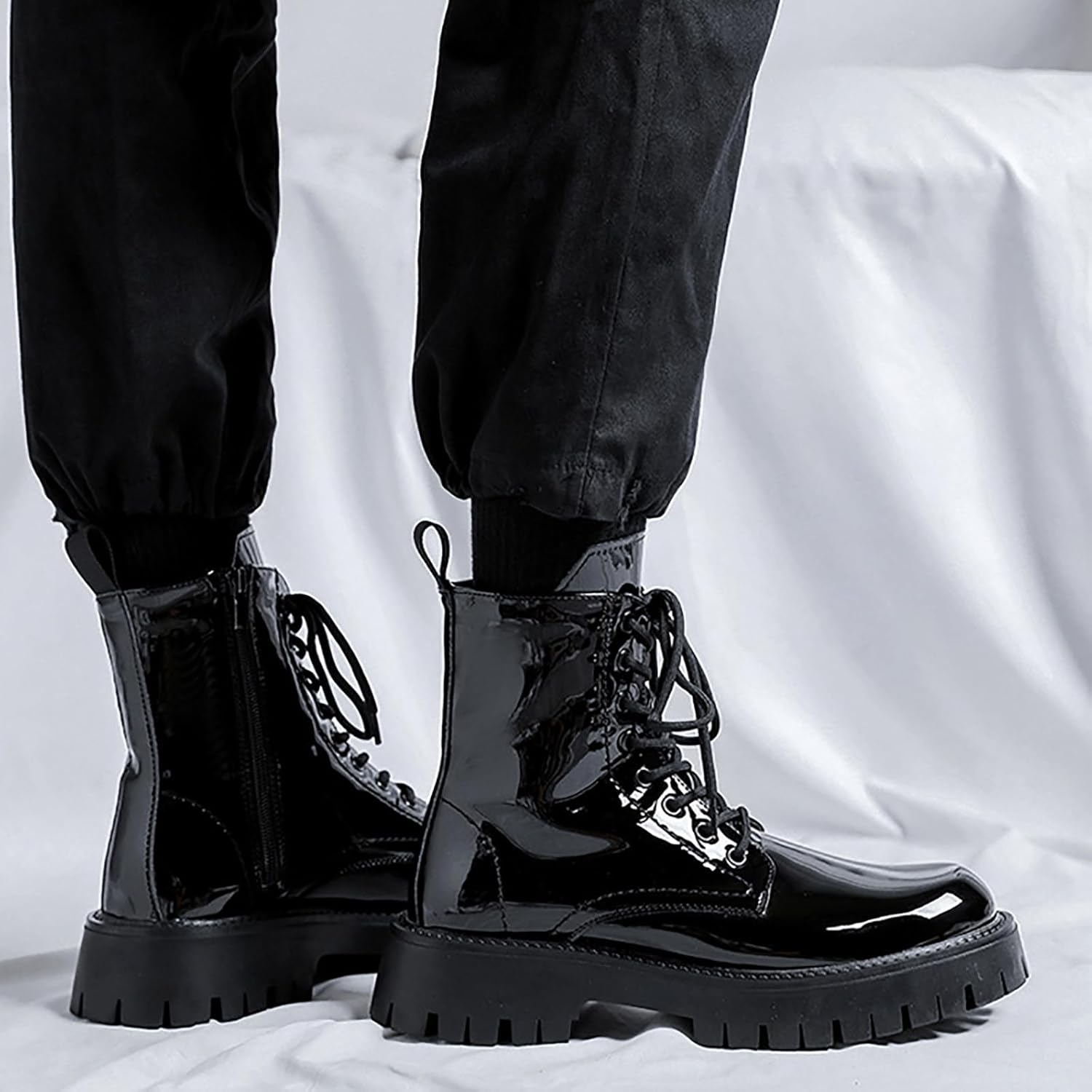 Men'S Patent Leather Fur Lined Platform Combat Boots Fashion Side Zipper Wide Toe Autumn Winter Warm Lug Sole High Top Motorcycle Boots Comfort Casual Waterproof Non-Slip Ankle Booties - Image 7