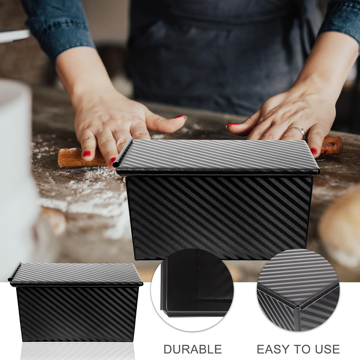 SECFOU Carbon Steel Toast Bread Loaf Pan with Lid Non-stick Corrugated Baking Mold Household Loaf Bakeware for Kitchen Baking