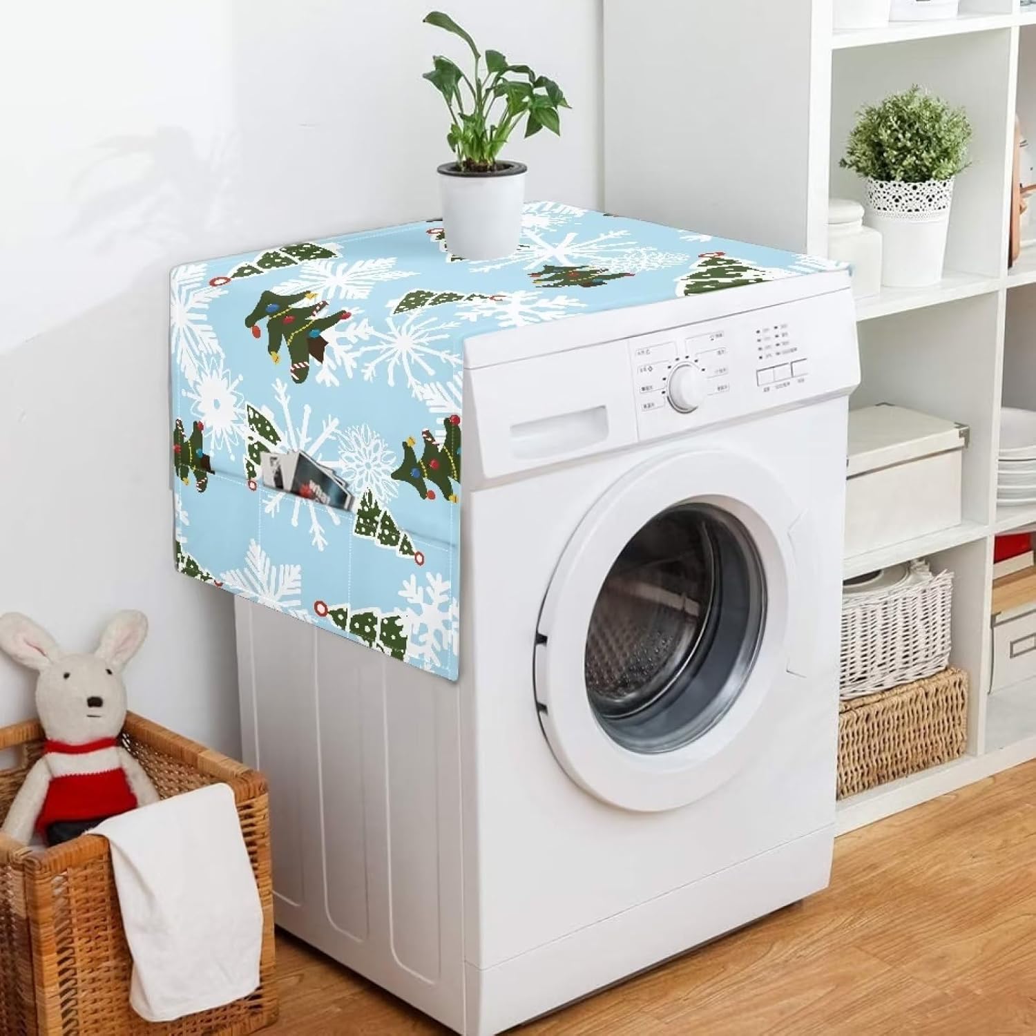 Gomyblomy Christmas Trees Appliance Dust Cover, Christmas Theme Blue Refrigerator Top Cover, Lightweight Washer Protective Cover with Storage Pocket, Home Decoration