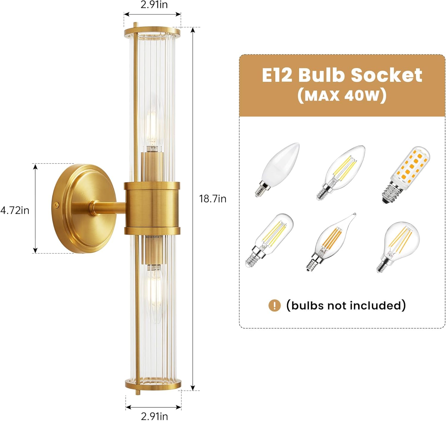 Brushed Gold Wall Sconces Set of 2, Modern Bathroom Vanity Light Fixture with Clear Glass Shades, Hardwired Brass Wall Mounted Lamp for Over Mirror, Hallway, Bedroom (E12 Bulbs Not Included)