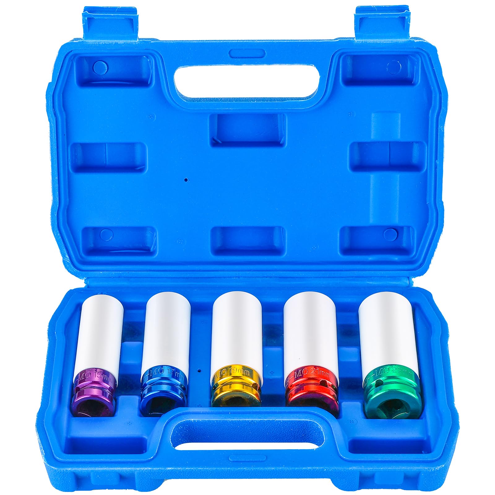 DASBET 5PCS Lug Nut Impact Socket Kit 1/2 Inch Drive Impact Wheel Nut Socket Set Thin Wall Deep Wheel Protector Sockets 6 Point, Metric 15mm, 17mm, 19mm, 21mm, 22mm