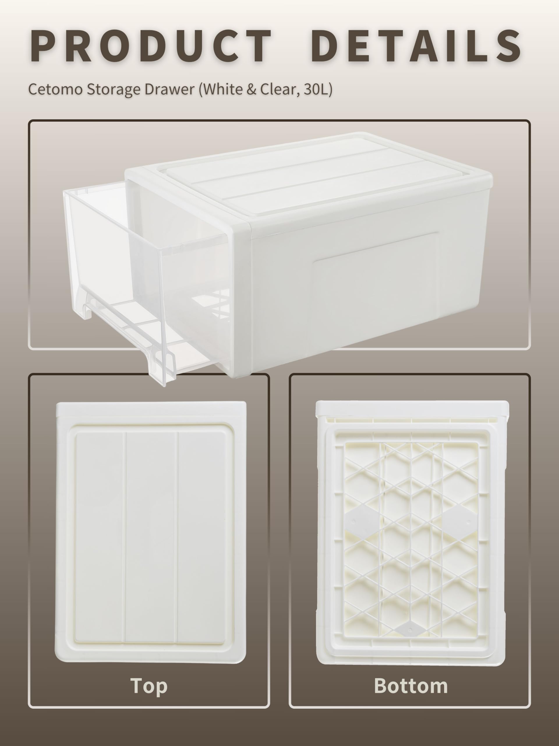 Cetomo 30L*3 Cajones de Almacenamiento de Plástico, Organizadores para Escritorio de Oficina, Caja de Almacenamiento, Torre Apilable para Cosméticos, Resistente, Blanco, Transparente, 30L-3 Unidades
